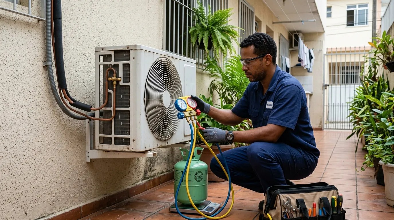 Técnico fazendo carga de gás na condensadora do ar-condicionado em Cuiabá‑MT