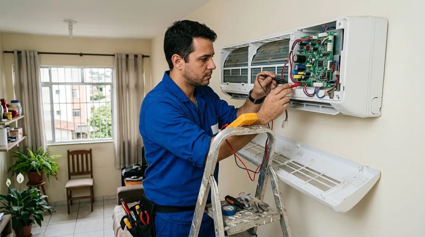Técnico trocando a placa eletrônica de ar-condicionado split em Cuiabá‑MT
