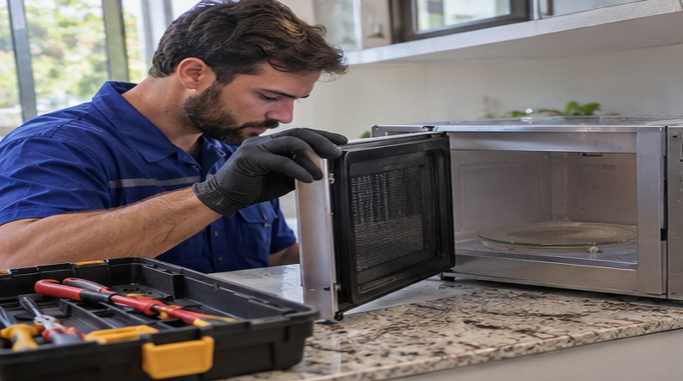 Conserto de micro-ondas em Cuiabá‑MT: técnico abrindo um micro-ondas de bancada