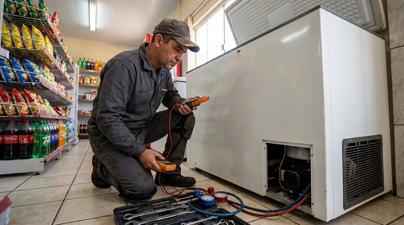 Reparo da placa eletrônica de um freezer em atendimento no Bosque da Saúde, Cuiabá‑MT