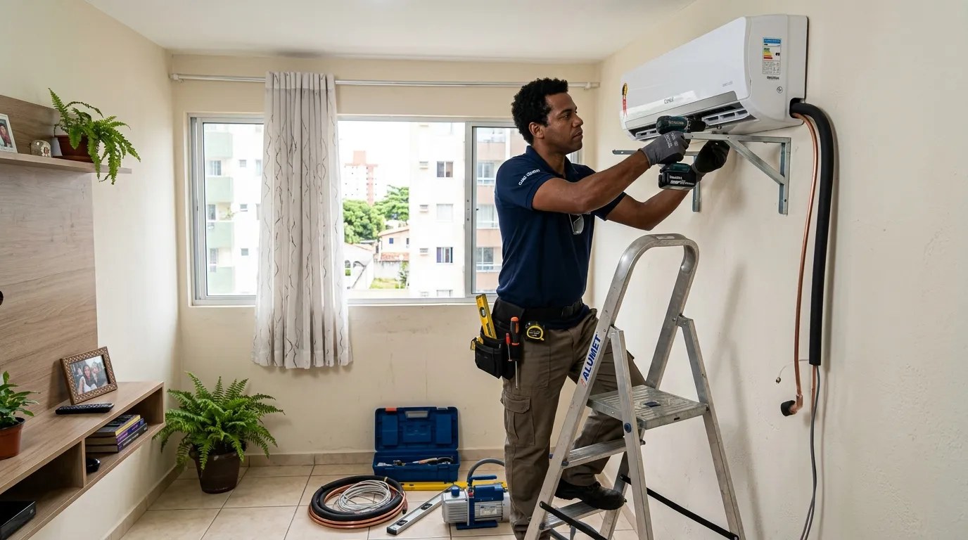 Técnico instalando ar-condicionado split em residência em Cuiabá‑MT