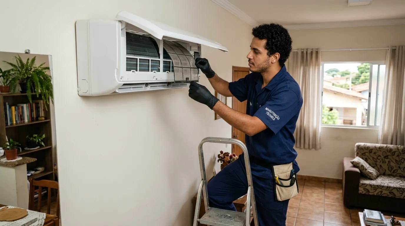 Técnico fazendo limpeza e higienização de ar-condicionado split em Cuiabá‑MT