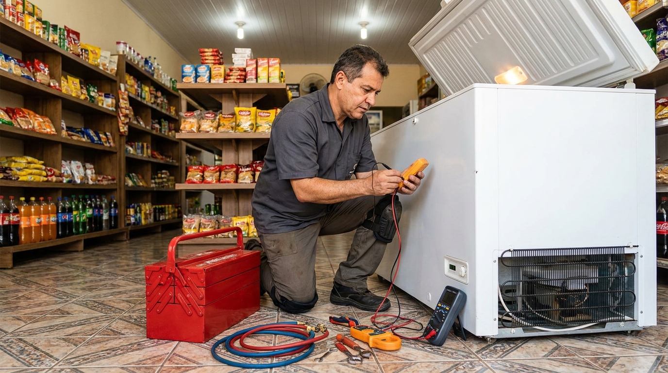 Manômetro conectado ao circuito durante recarga de gás de freezer no Bosque da Saúde, Cuiabá‑MT