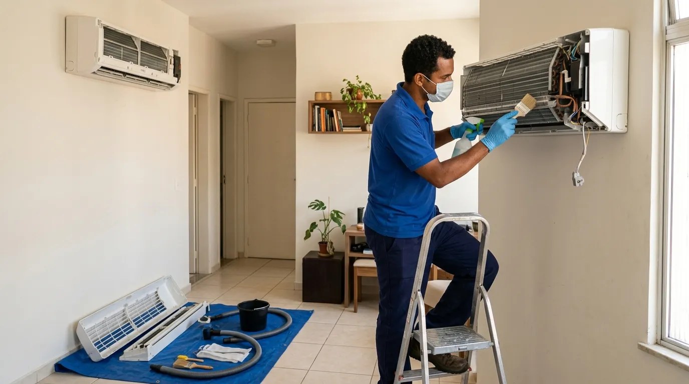 Técnico fazendo manutenção de ar-condicionado split em Cuiabá‑MT