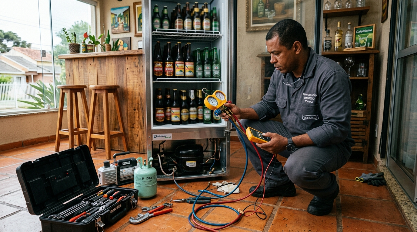 Técnico conferindo a temperatura de uma cervejeira durante atendimento em Cuiabá‑MT