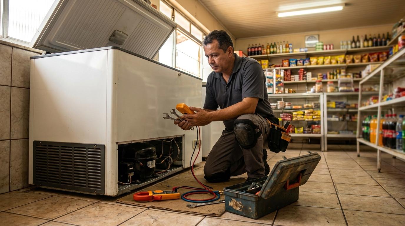 Técnico avaliando um freezer vertical durante atendimento no Bosque da Saúde, Cuiabá‑MT
