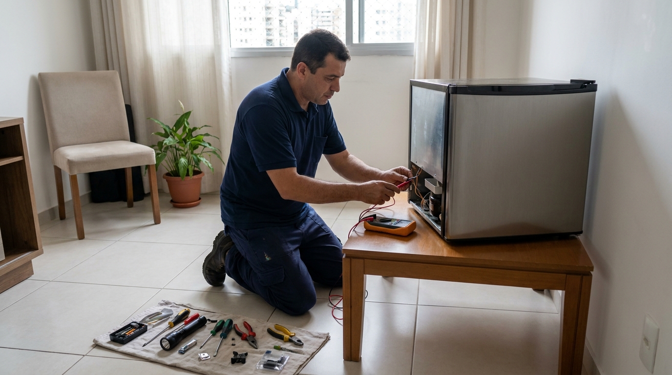 Técnico avaliando um frigobar compacto durante atendimento no Alvorada, Cuiabá‑MT